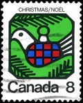 This 1973 Christmas stamp of Canada features a dove as Christmas ornament.