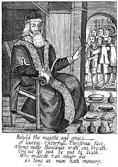 Father Christmas persuades the jury of his innocence in The Examination and Tryal of Father Christmas (1686) by Josiah King