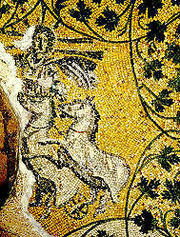 Alleged representation of Christ as the sun-god Helios/Sol Invictus riding in his chariot. Third century mosaic of the Vatican grottoes under St. Peter's Basilica, on the ceiling of the tomb of the Julii.