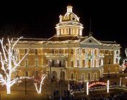 The Marshall, Texas courthouse outlined in Christmas lights