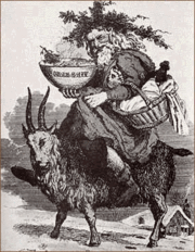 Folk tale depiction of Father Christmas on riding a goat.  Perhaps an evolved version of the Swedish Tomte.