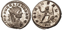 Aurelian in his radiated solar crown, on a silvered bronze coin struck at Rome, 274-275