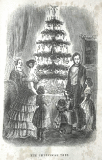 The Queen's Christmas tree at Osborne House. The engraving republished in Godey's Lady's Book, Philadelphia, December 1850