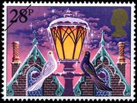 UK Xmas stamps typically have few or no inscriptions, but evocative artwork; this design is from a 1983 set of five.