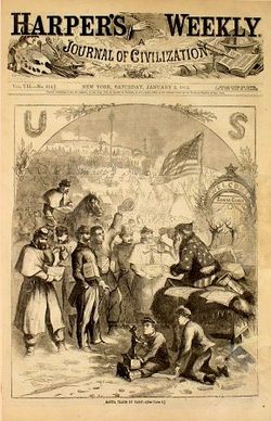 Santa Claus hands out gifts to Union soldiers during the US Civil War in Thomas Nast's first Santa Claus cartoon, Harper's Weekly, 1863.