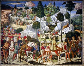 Members of the Medici family parading in the guise of the Three Wise Men through the Tuscan countryside in a Benozzo Gozzoli fresco from 1461.