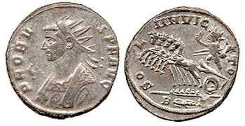 Coin of Emperor Probus, circa 280, with Sol Invictus riding a quadriga, with legend SOLI INVICTO, "to the undefeated Sun". Note how the Emperor (on the left) wears a radiated solar crown, worn also by the god (to the right).