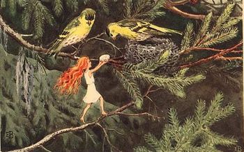 A small forest elf (lva) rescuing an egg, from Solgget (1932), by Elsa Beskow