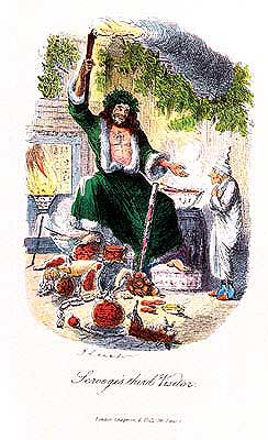 The Ghost of Christmas Present, a colorized version of the original illustration by John Leech made for Charles Dickens's novel A Christmas Carol (1843).