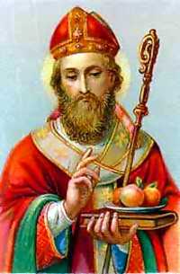 St. Nicholas, with his crozier and miter, as he appears on a  German holy card.